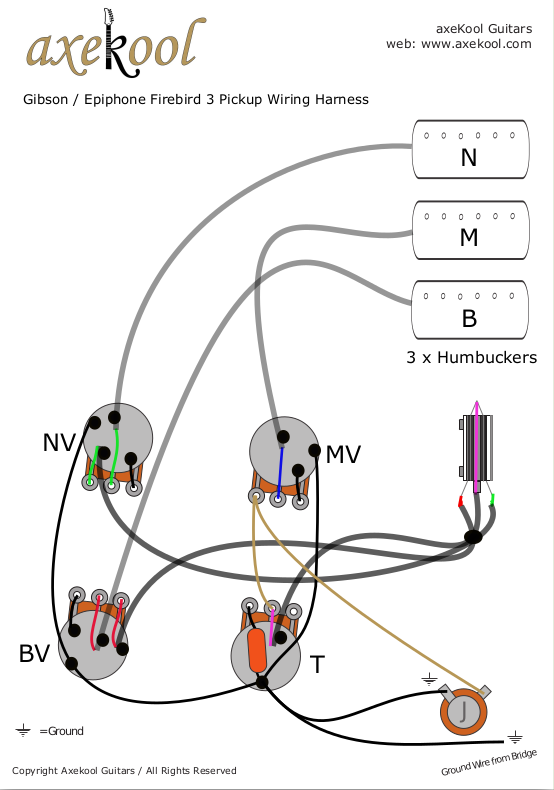 Gibson / Epiphone Firebird 3 Pickups Wiring Diagram & Fitting Instructions