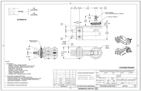 Pre-Wired Switchcraft Right Angled 3 Way Toggle Switch