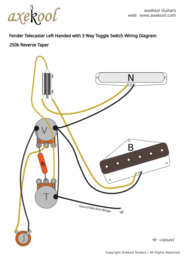 Fender Telecaster Left Handed with 3 Way Toggle Switch Wiring Diagram & Fitting Instructions