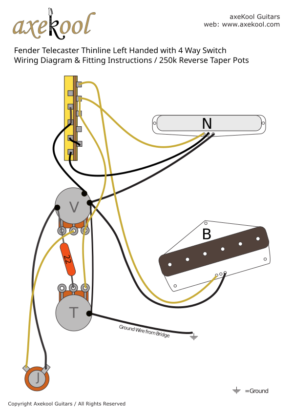 Fender Telecaster Thinline Left Handed with 4 Way Switch Wiring Diagram & Fitting Instructions